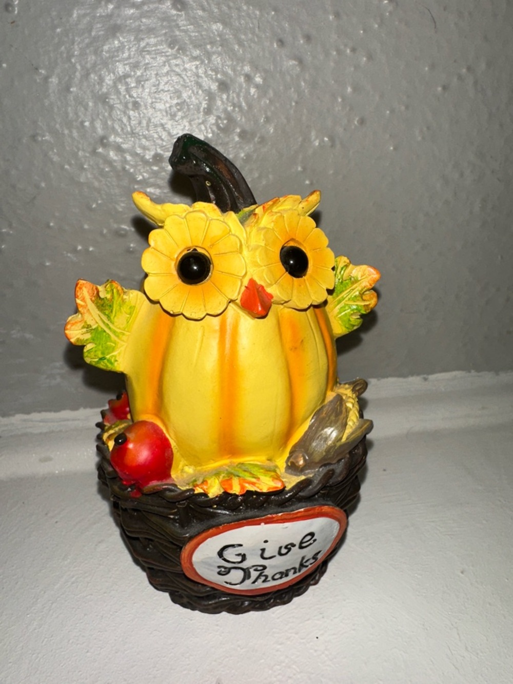 Yellow Owl Pumpkin Figurine "Give Thanks"